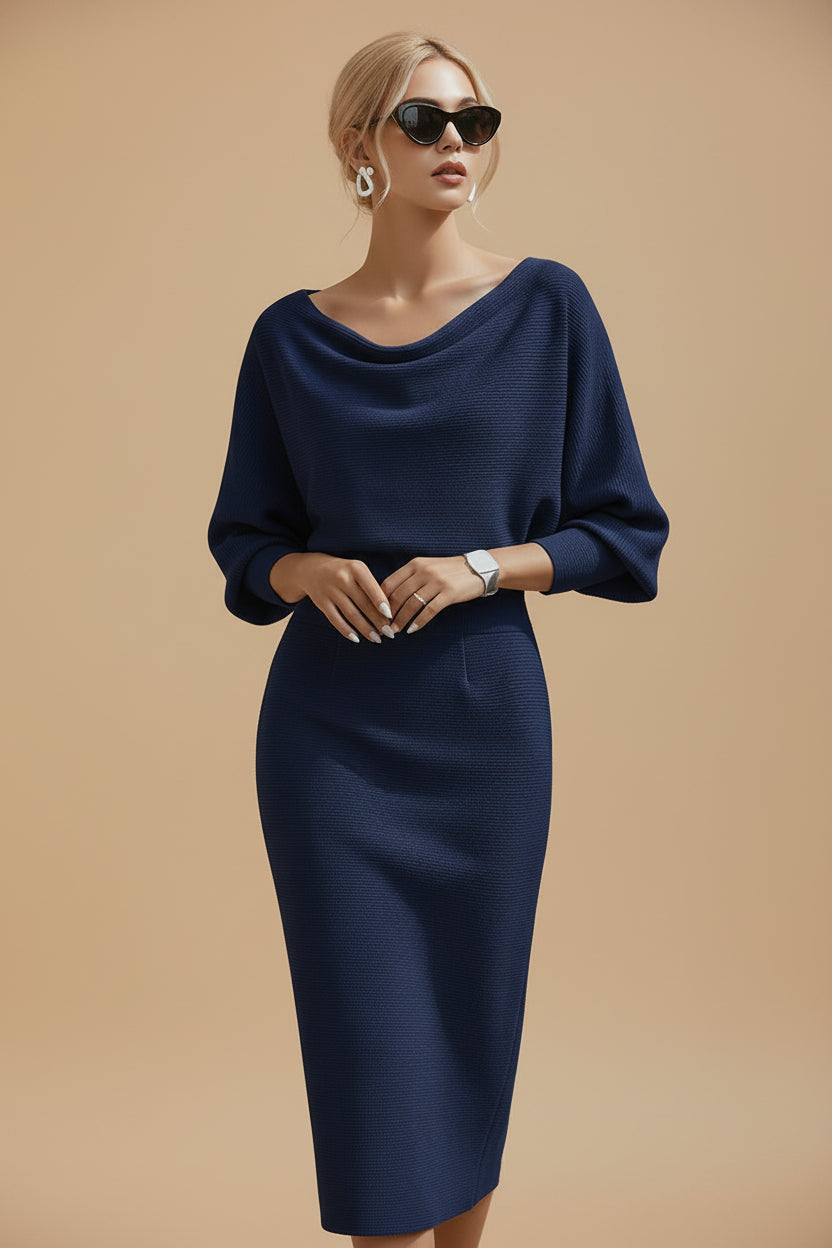 Vivirose| Dames Boothals Vleermuismouw Midi Bodycon Jurk