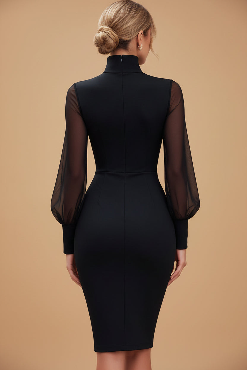 Getailleerde Bodycon Jurk met Hoge Hals, Transparante Mouwen en Drapering