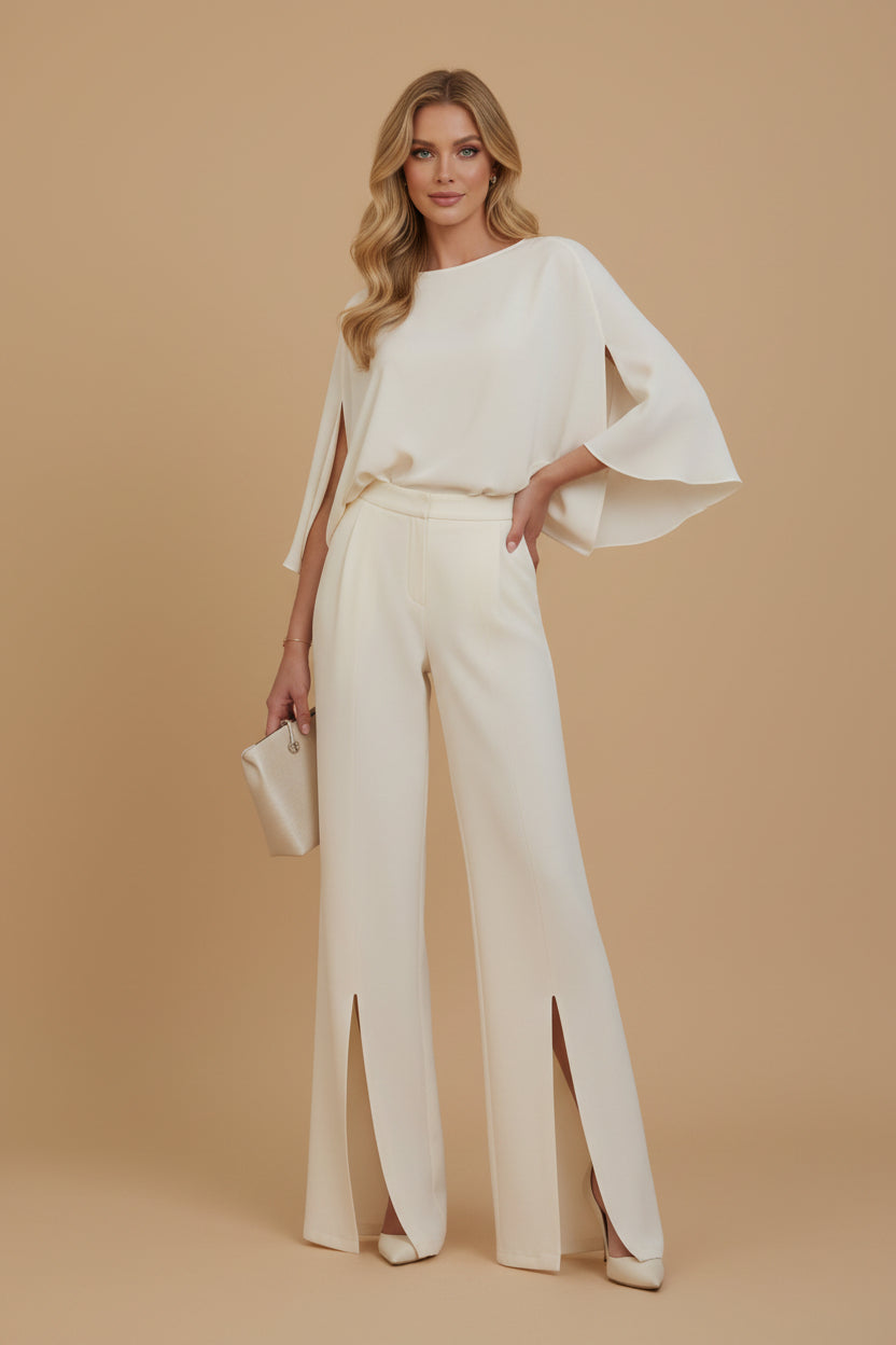 Set van Blouse met Hoge Hals en Cape-Mouwen & Wijde Broek met Split