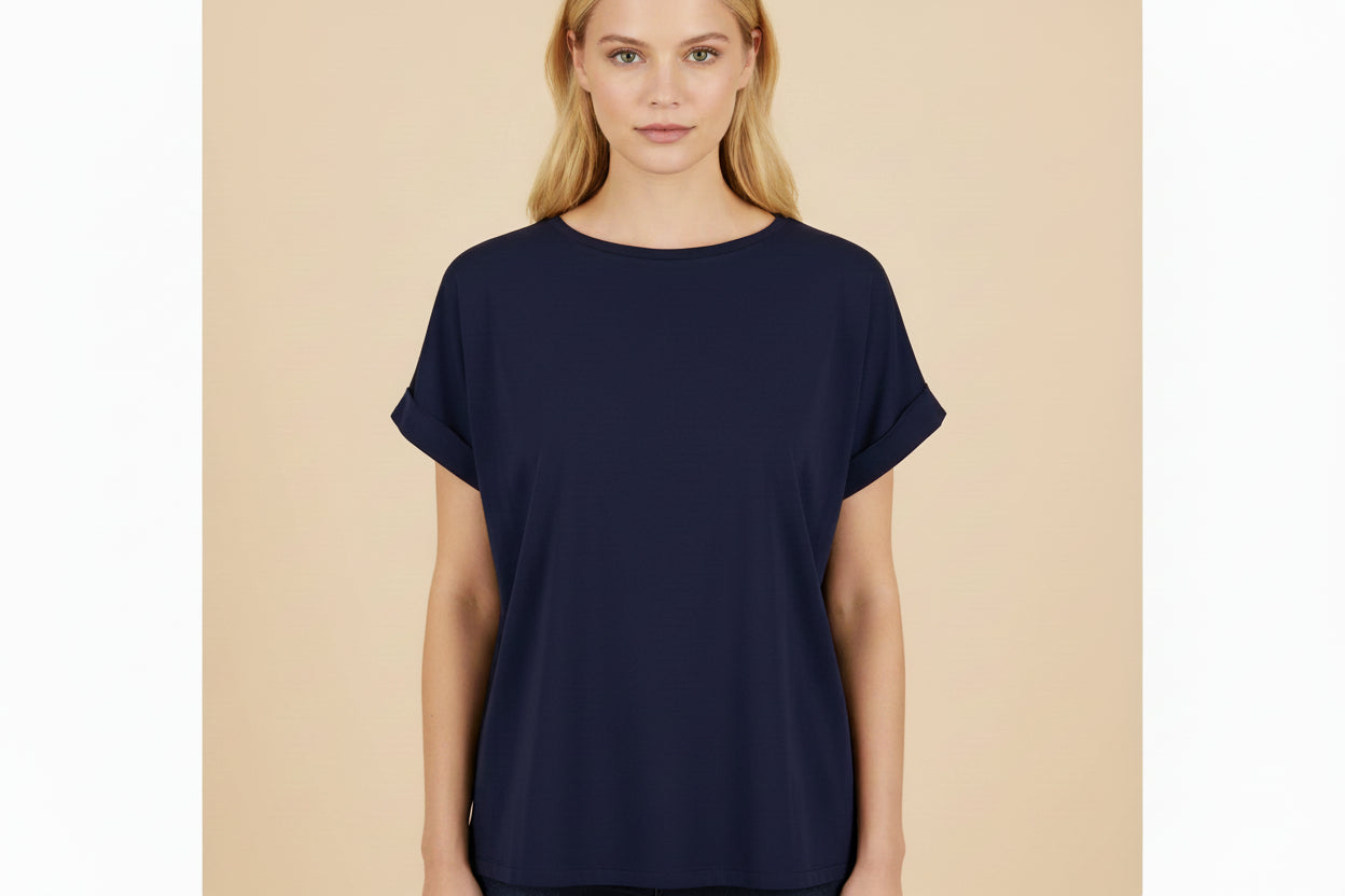 T-shirt van materiaal mix | donkerblauw