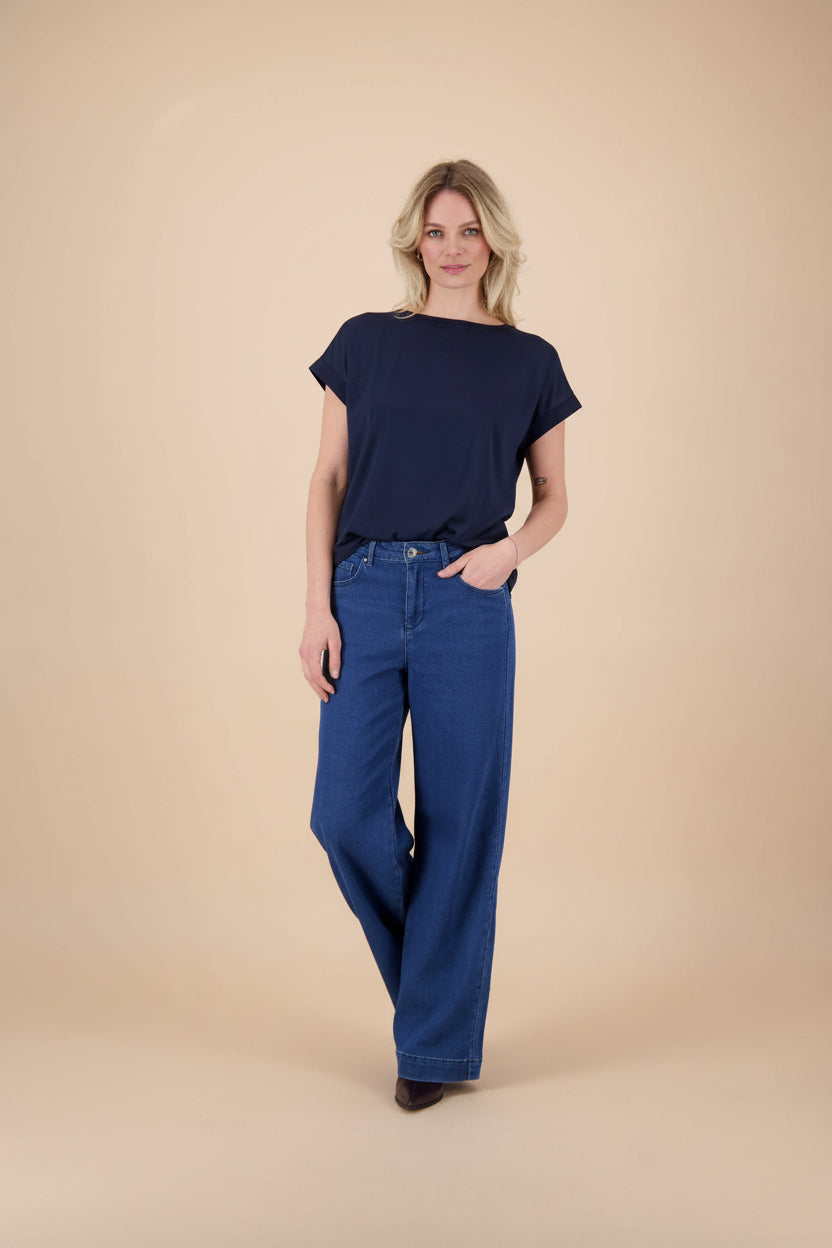 T-shirt van materiaal mix | donkerblauw