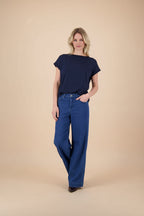 T-shirt van materiaal mix | donkerblauw
