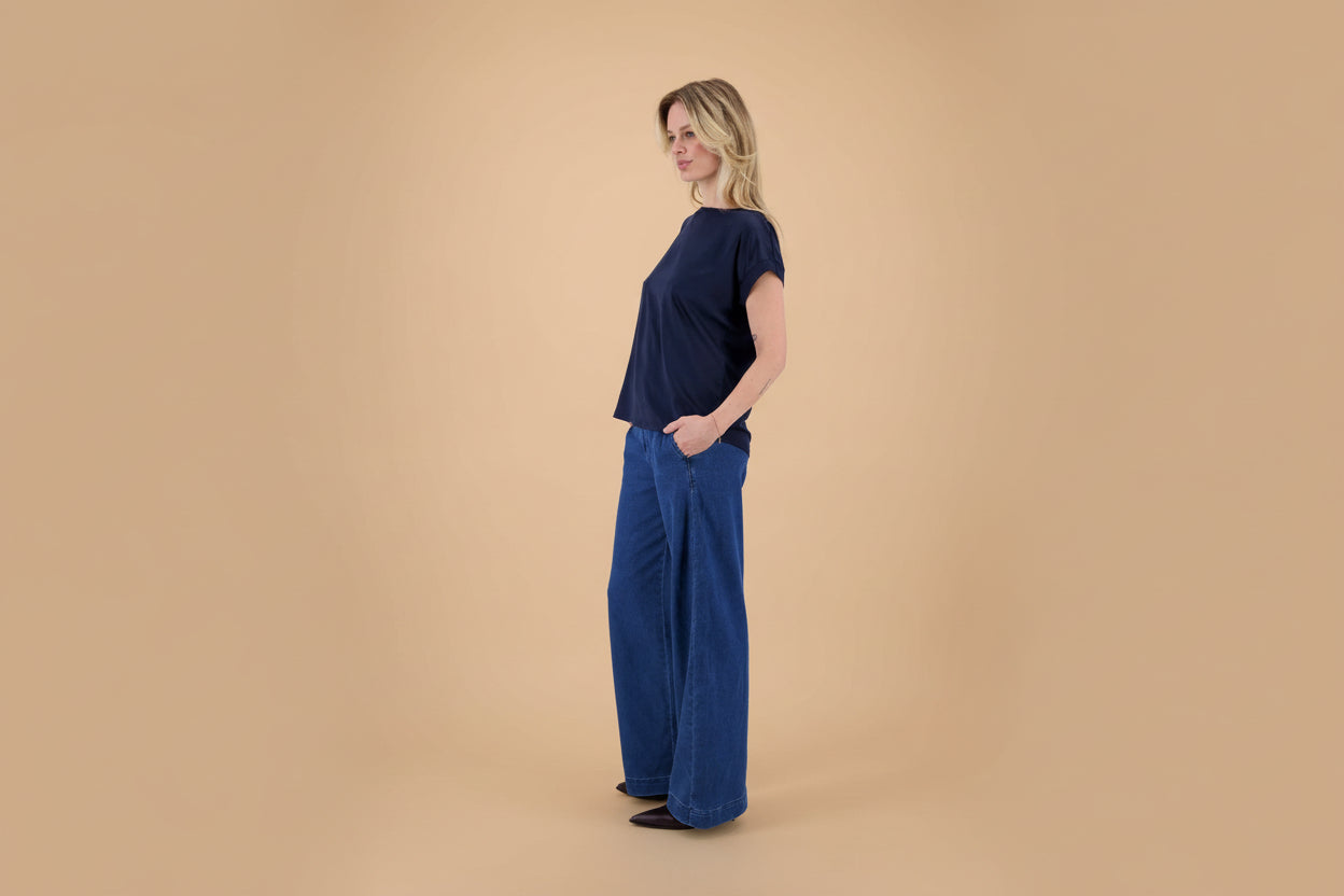 T-shirt van materiaal mix | donkerblauw
