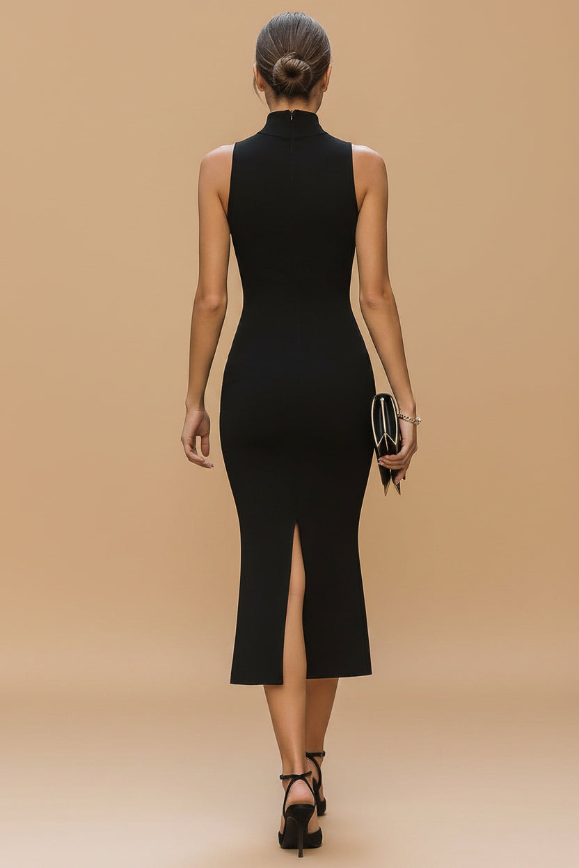 Mouwloze Bodycon Midi Jurk met Hoge Hals