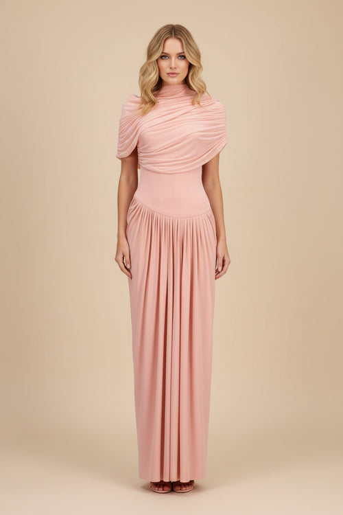 Catherine Asymmetrische Geplooide Maxi Jurk in Roze