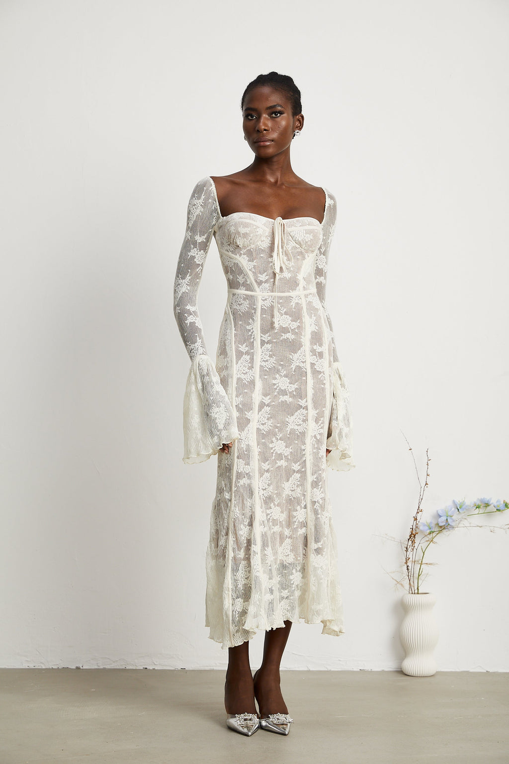 Marlene White Flared Lace Maxi Dress