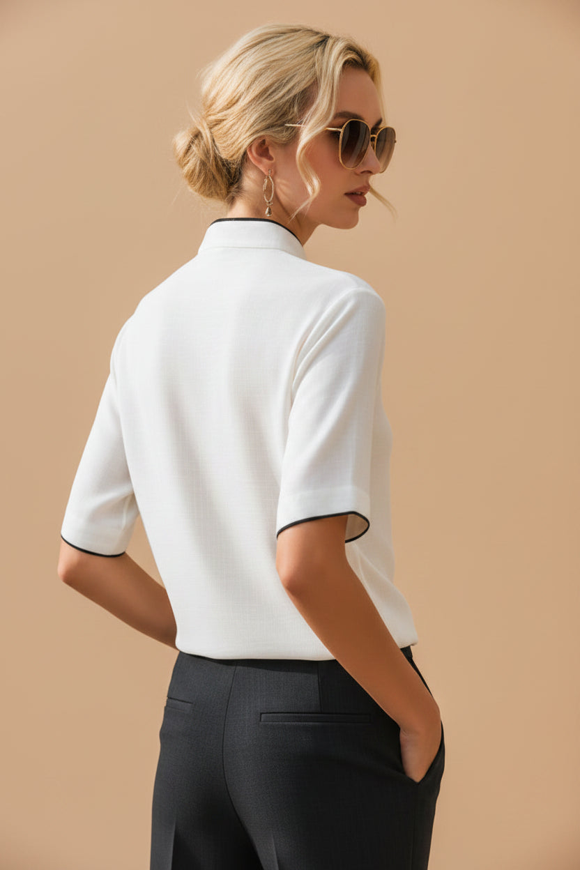 Blouse met Contrasterende Boord, Reverskraag en Korte Mouwen