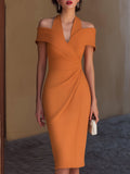 Off-Shoulder Halter Collar Ruched Wrap Midi Dress