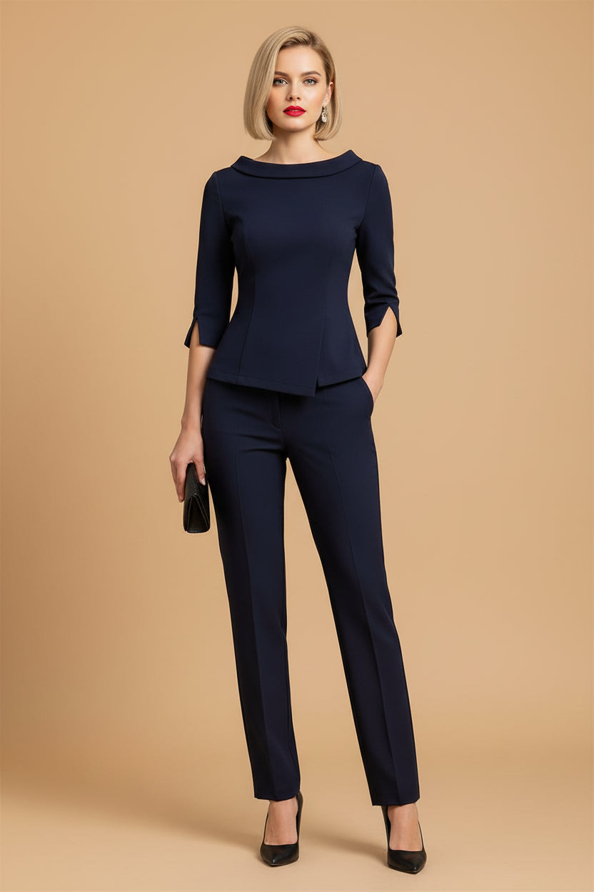 Getailleerd Marineblauw Blazerpak met Peplum Blazer en Wijde Broek