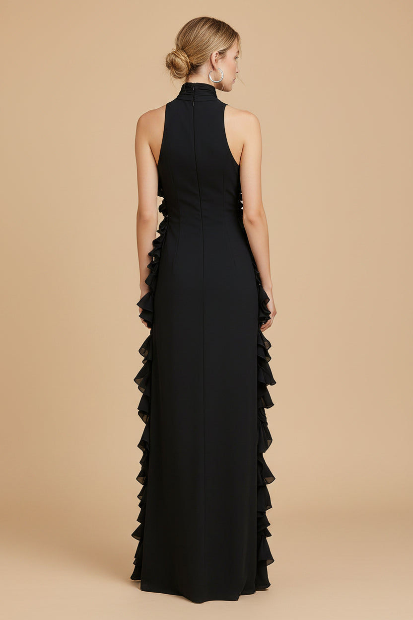Midnight Elegance Maxi Jurk van Chiffon met Halterhals, Ruches en Plooien