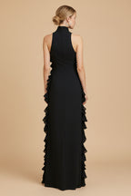 Midnight Elegance Maxi Jurk van Chiffon met Halterhals, Ruches en Plooien