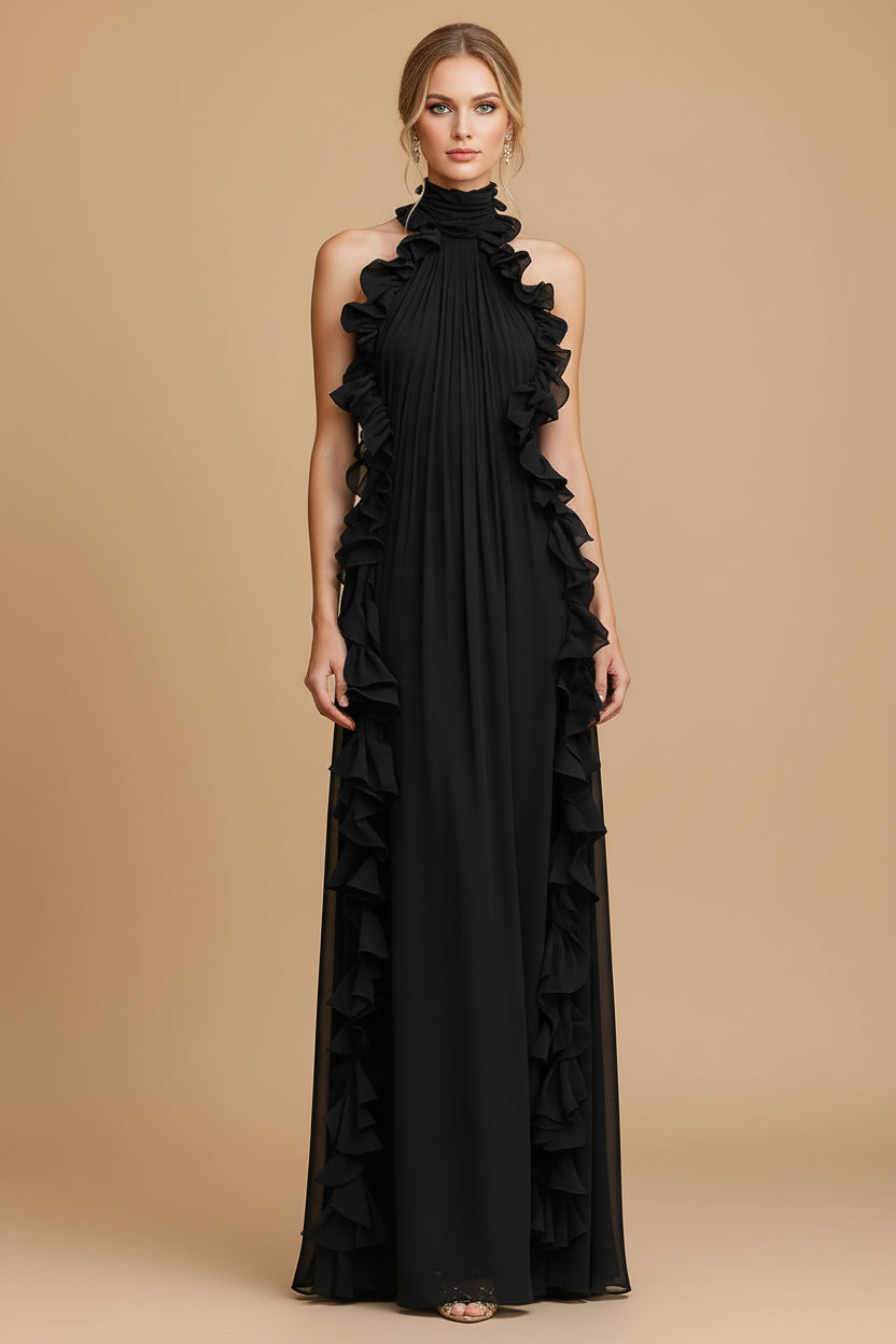 Midnight Elegance Maxi Jurk van Chiffon met Halterhals, Ruches en Plooien