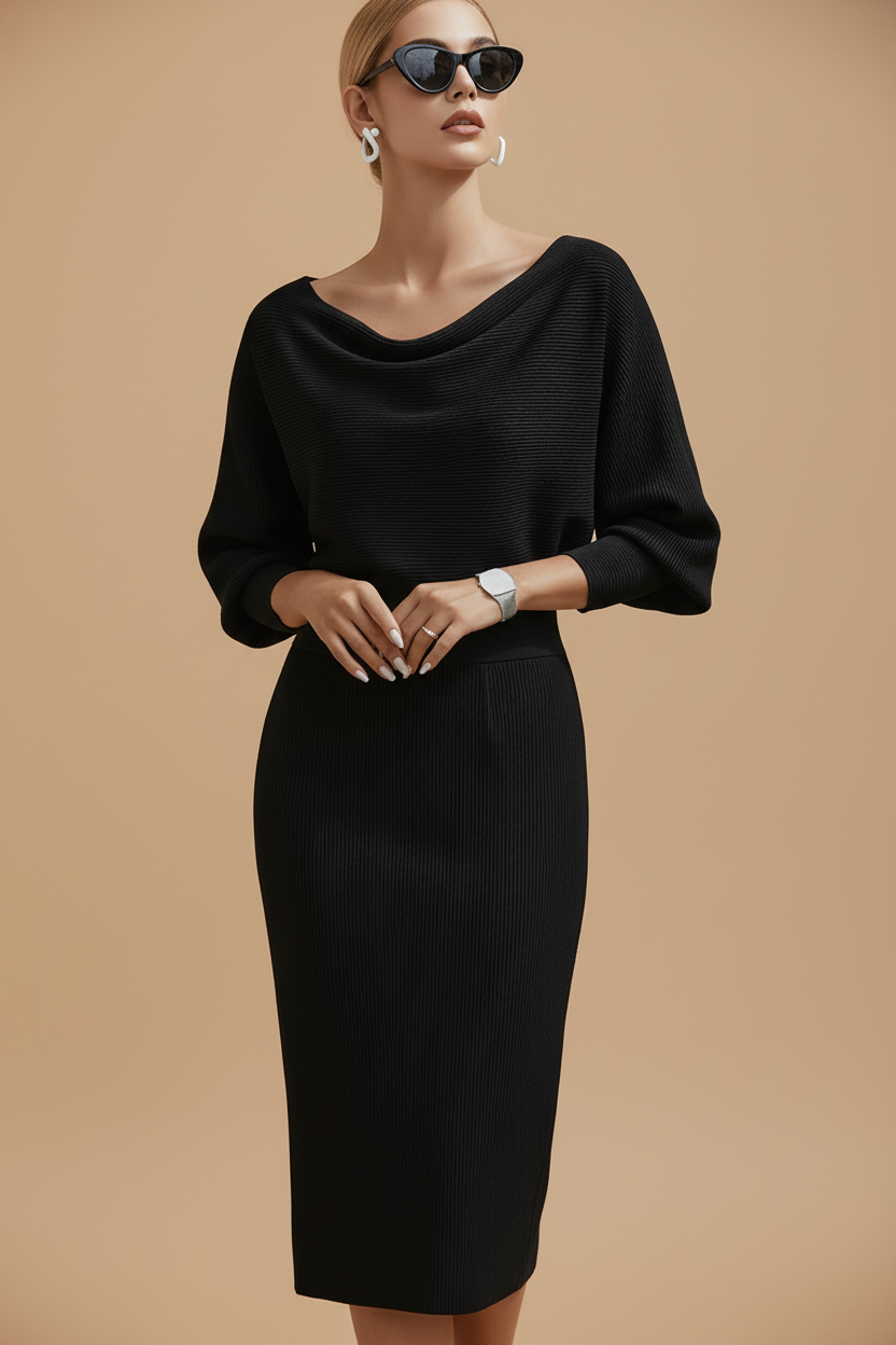 Vivirose| Dames Boothals Vleermuismouw Midi Bodycon Jurk