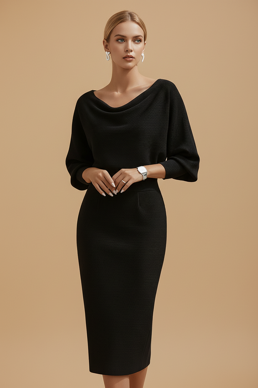 Vivirose| Dames Boothals Vleermuismouw Midi Bodycon Jurk