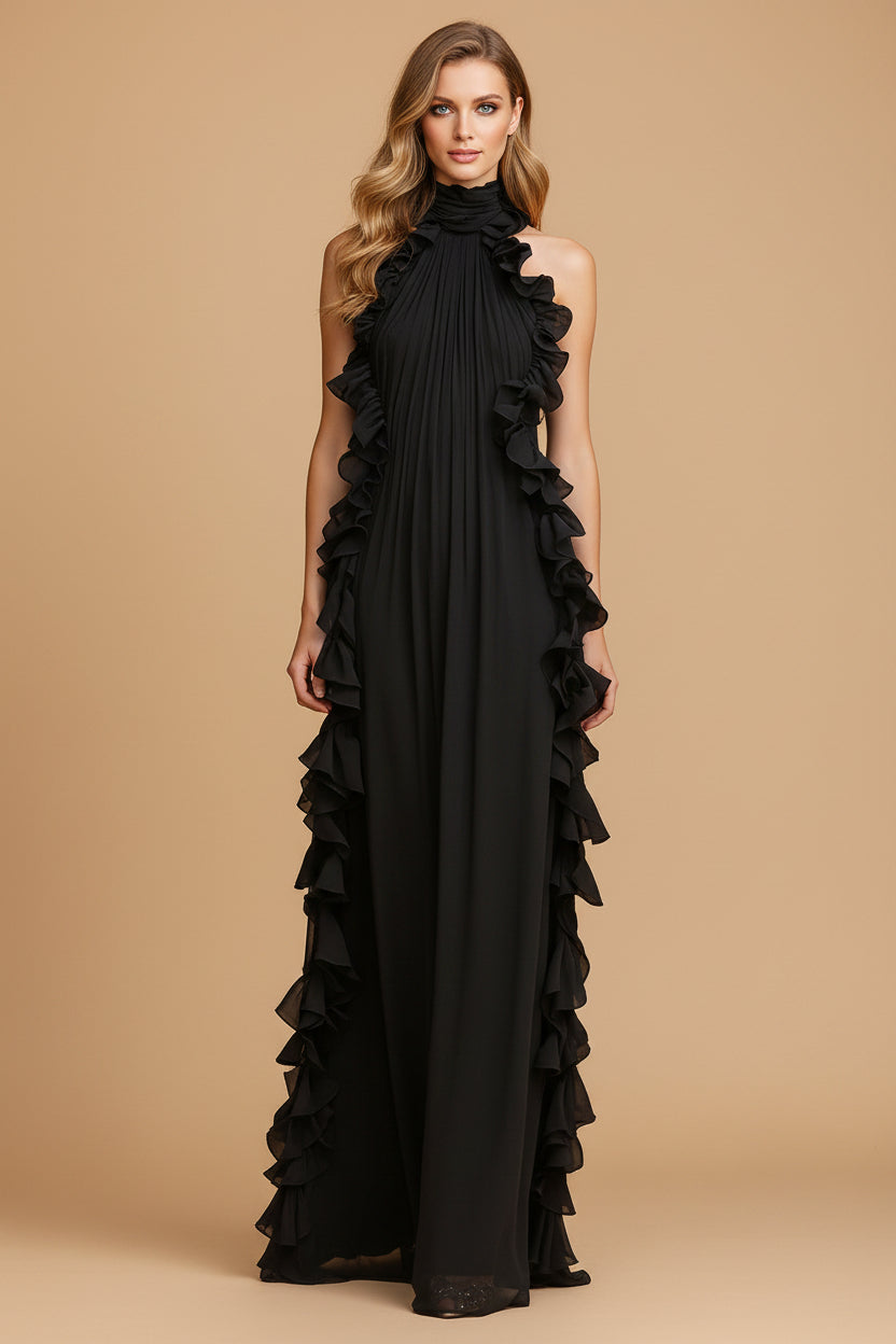 Midnight Elegance Maxi Jurk van Chiffon met Halterhals, Ruches en Plooien