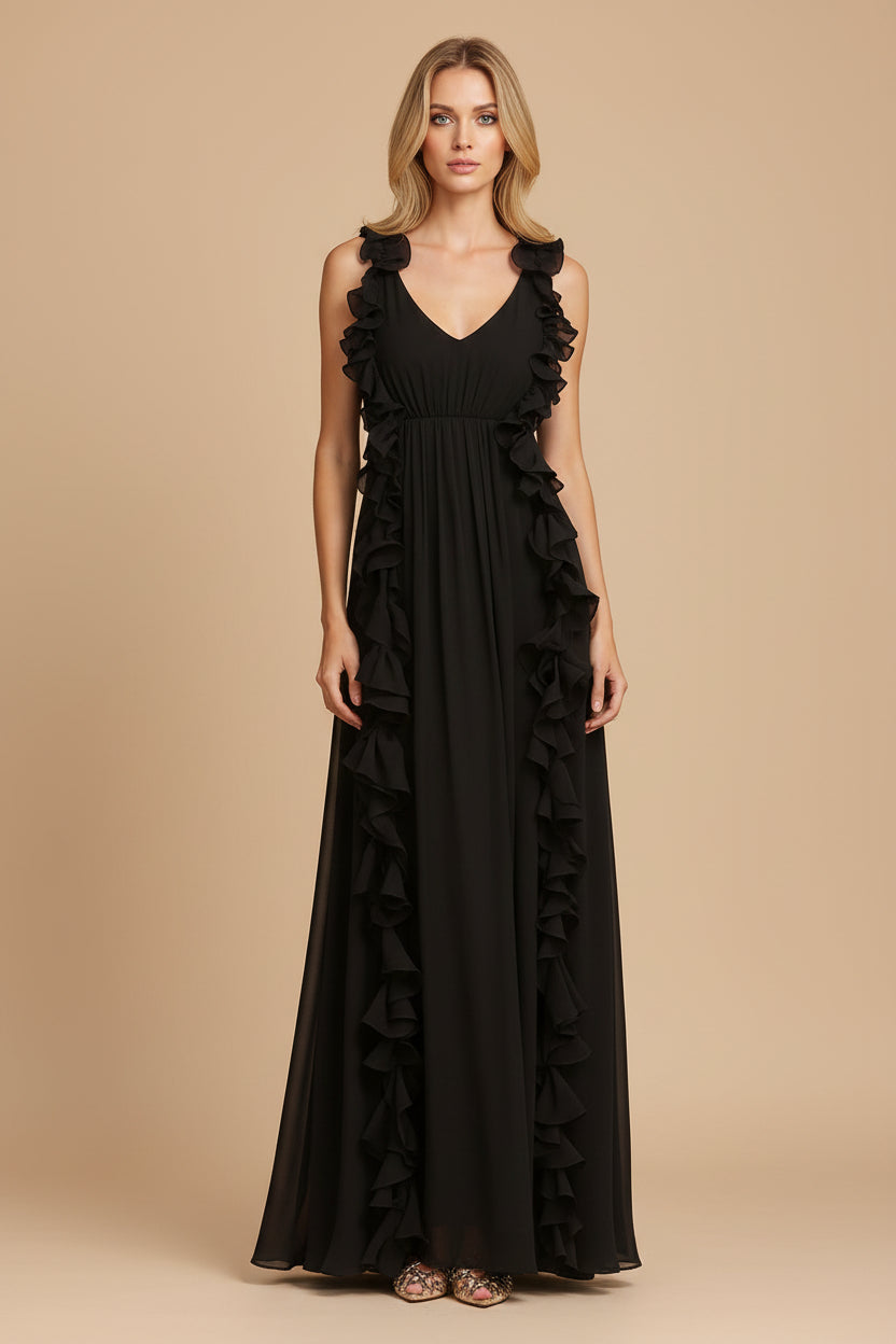Midnight Elegance Maxi Jurk van Chiffon met Halterhals, Ruches en Plooien