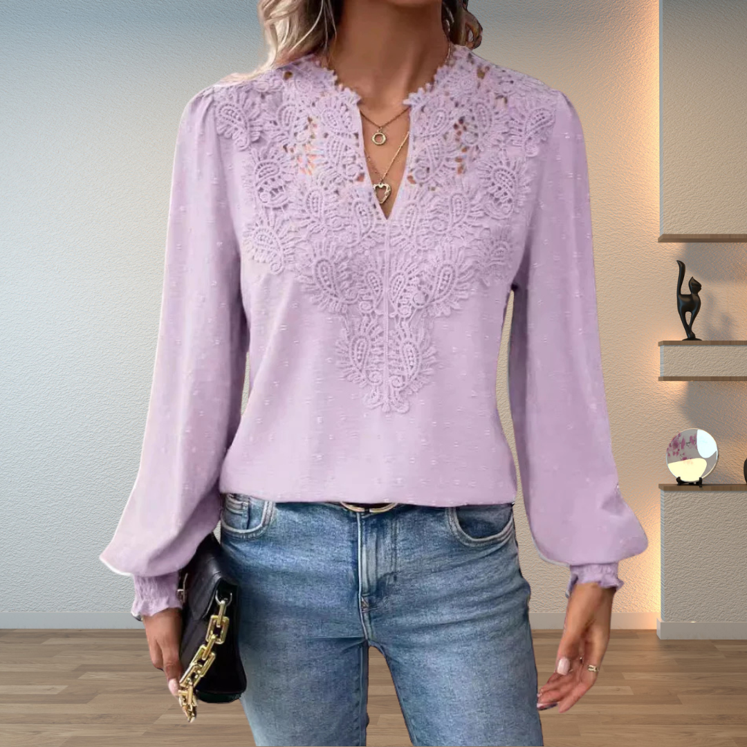 Lillian | Dames V-Hals Lange Mouw Bloemen Detail Blouse Top