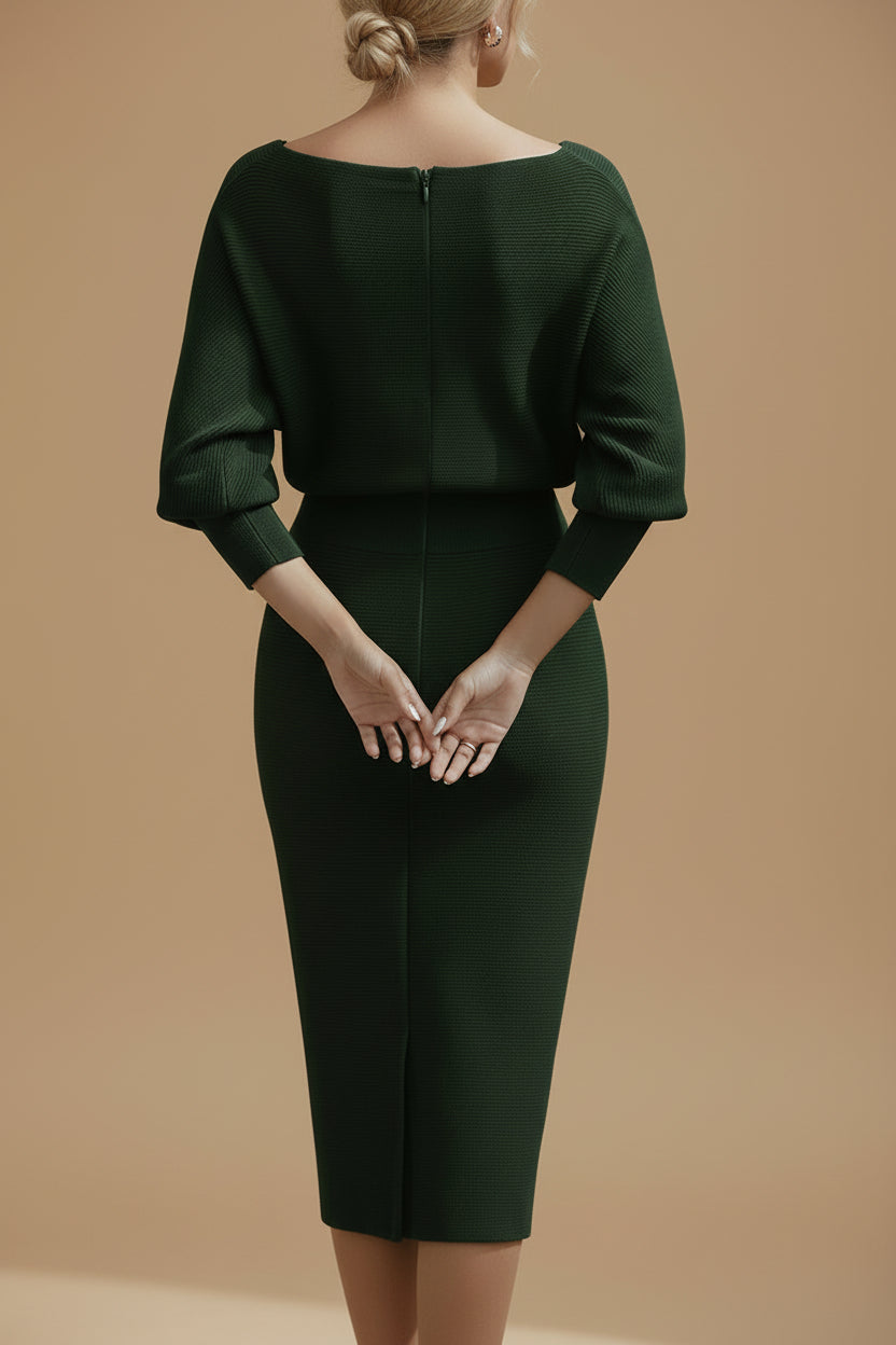 Vivirose| Dames Boothals Vleermuismouw Midi Bodycon Jurk