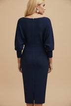 Vivirose| Dames Boothals Vleermuismouw Midi Bodycon Jurk