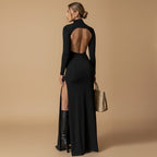 Vivirose| Hoge kraag en scheur tot dij Maxi-jurk open rug