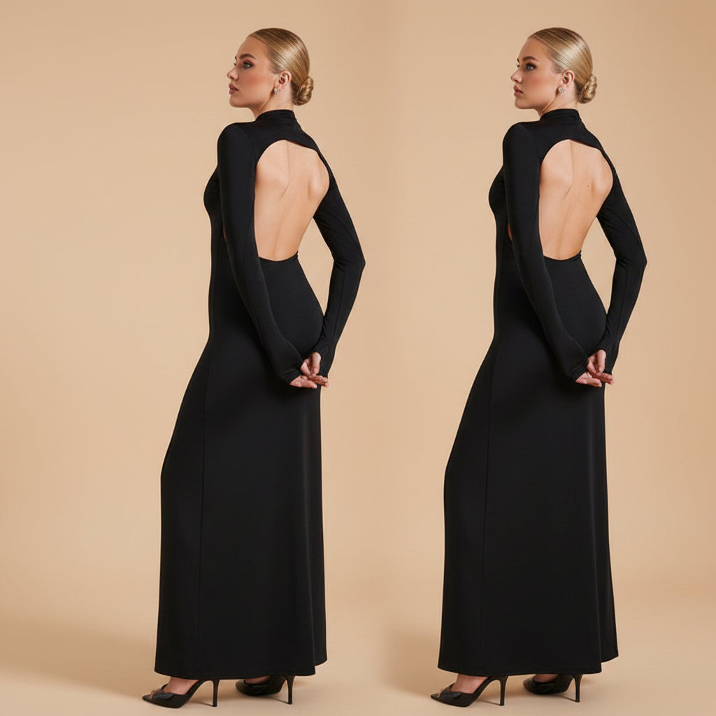 Vivirose| Hoge kraag en scheur tot dij Maxi-jurk open rug