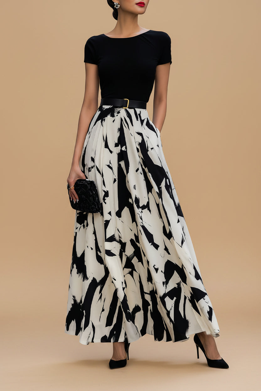 Abstract Geprinte Geplooide Maxi Jurk