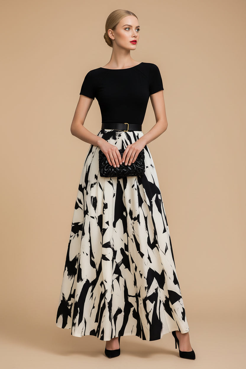 Abstract Geprinte Geplooide Maxi Jurk