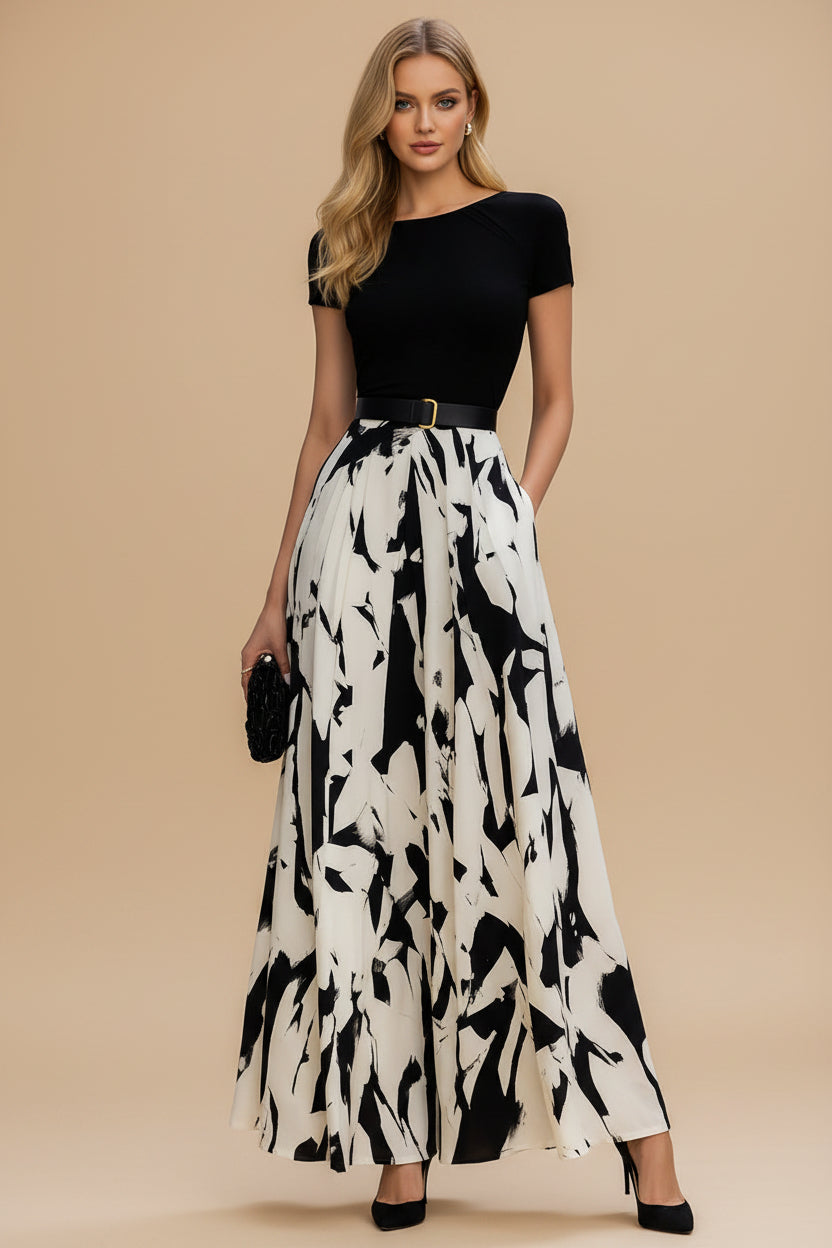 Abstract Geprinte Geplooide Maxi Jurk