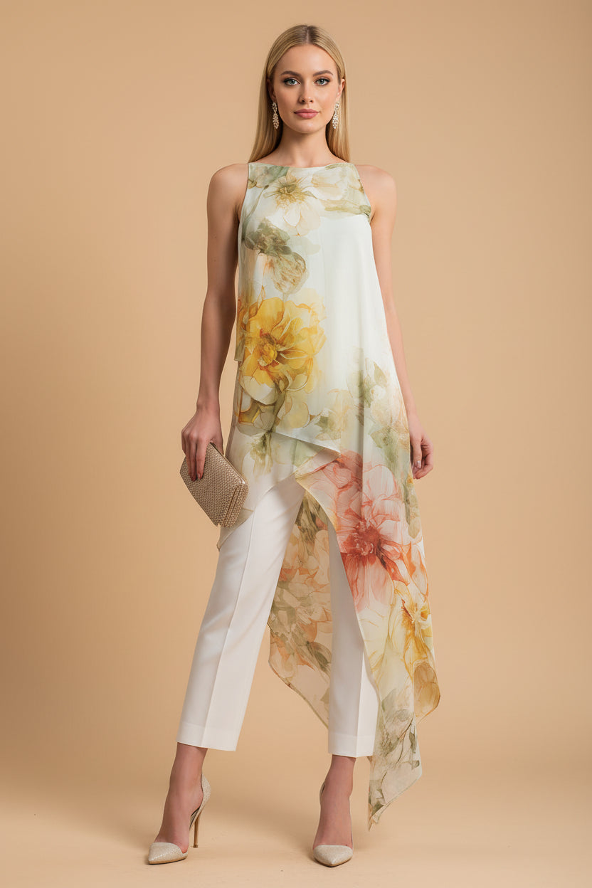 Set met Transparante Florale Overlay Top en Getailleerde Broek