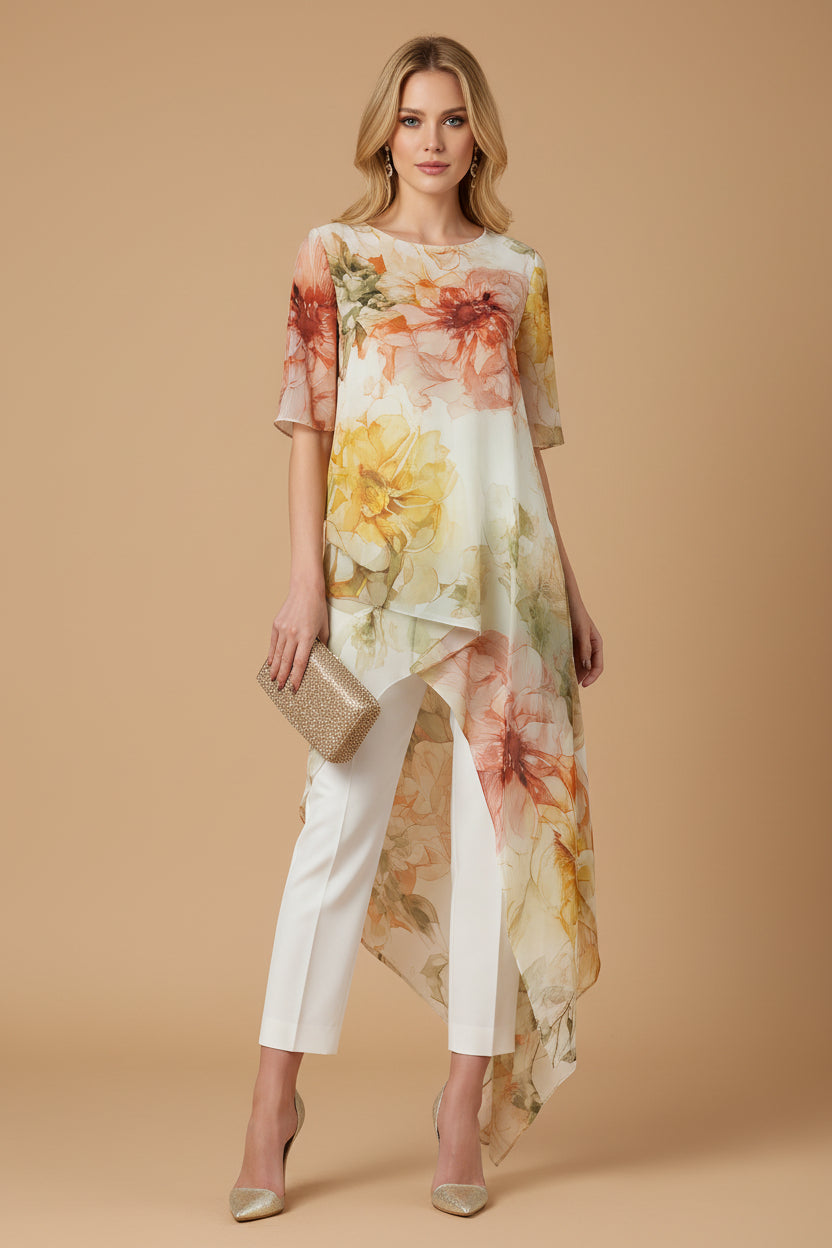 Set met Transparante Florale Overlay Top en Getailleerde Broek