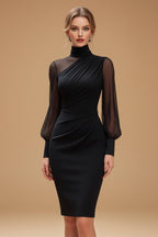 Getailleerde Bodycon Jurk met Hoge Hals, Transparante Mouwen en Drapering