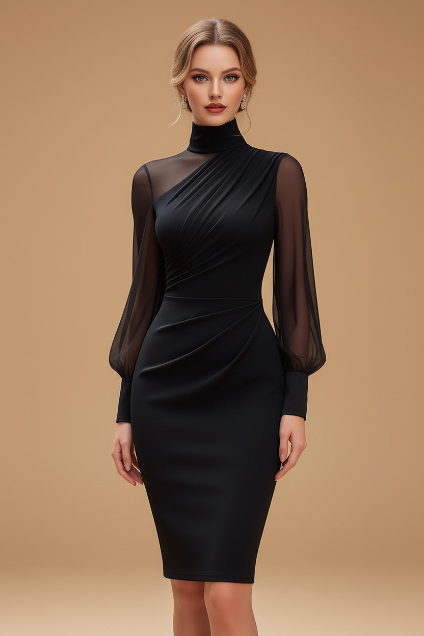 Getailleerde Bodycon Jurk met Hoge Hals, Transparante Mouwen en Drapering