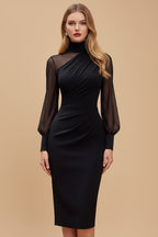 Getailleerde Bodycon Jurk met Hoge Hals, Transparante Mouwen en Drapering