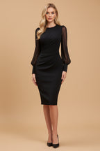 Getailleerde Bodycon Jurk met Hoge Hals, Transparante Mouwen en Drapering