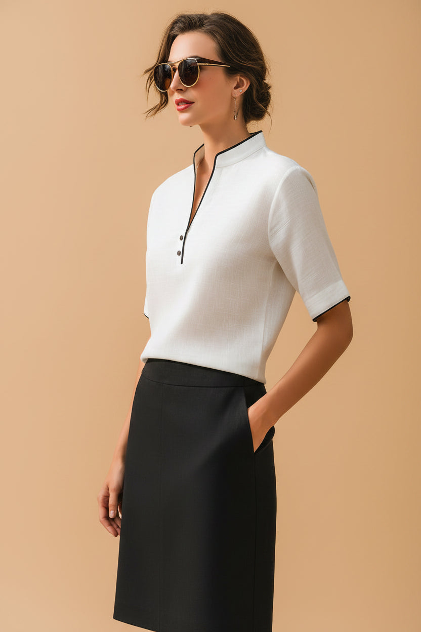 Blouse met Contrasterende Boord, Reverskraag en Korte Mouwen