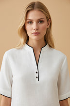 Blouse met Contrasterende Boord, Reverskraag en Korte Mouwen