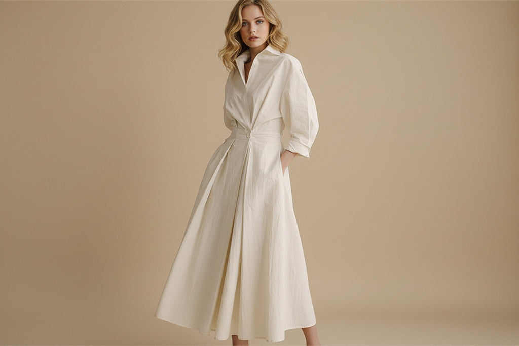 Faye | Dames Elegante Knoop Taille Overhemd Midi Jurk