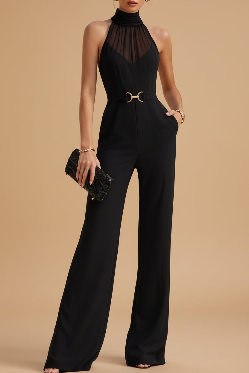 Getailleerde Jumpsuit met Hoge Hals, Transparant Yoke Detail en Wijde Pijpen