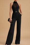 Getailleerde Jumpsuit met Hoge Hals, Transparant Yoke Detail en Wijde Pijpen