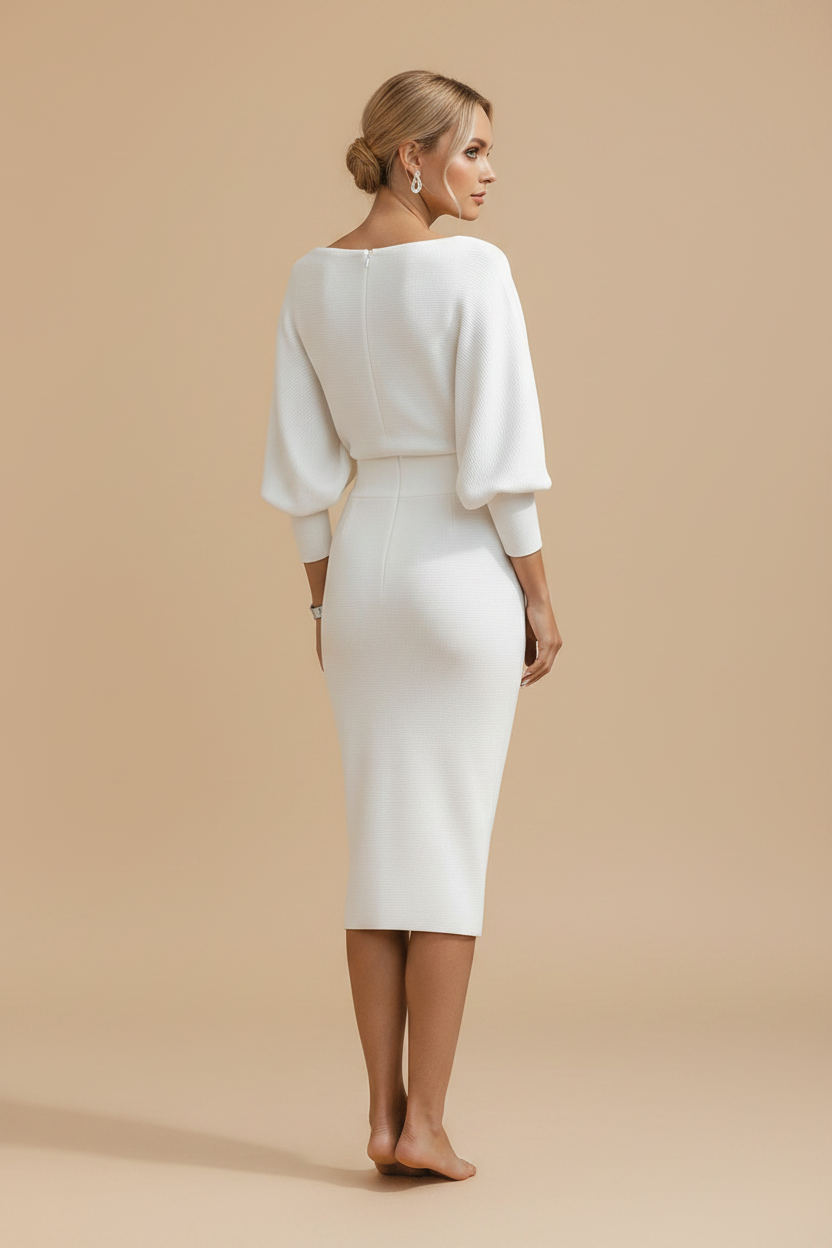 Witte Midi Jurk met Drapering en Vleermuismouwen