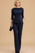Getailleerd Marineblauw Blazerpak met Peplum Blazer en Wijde Broek