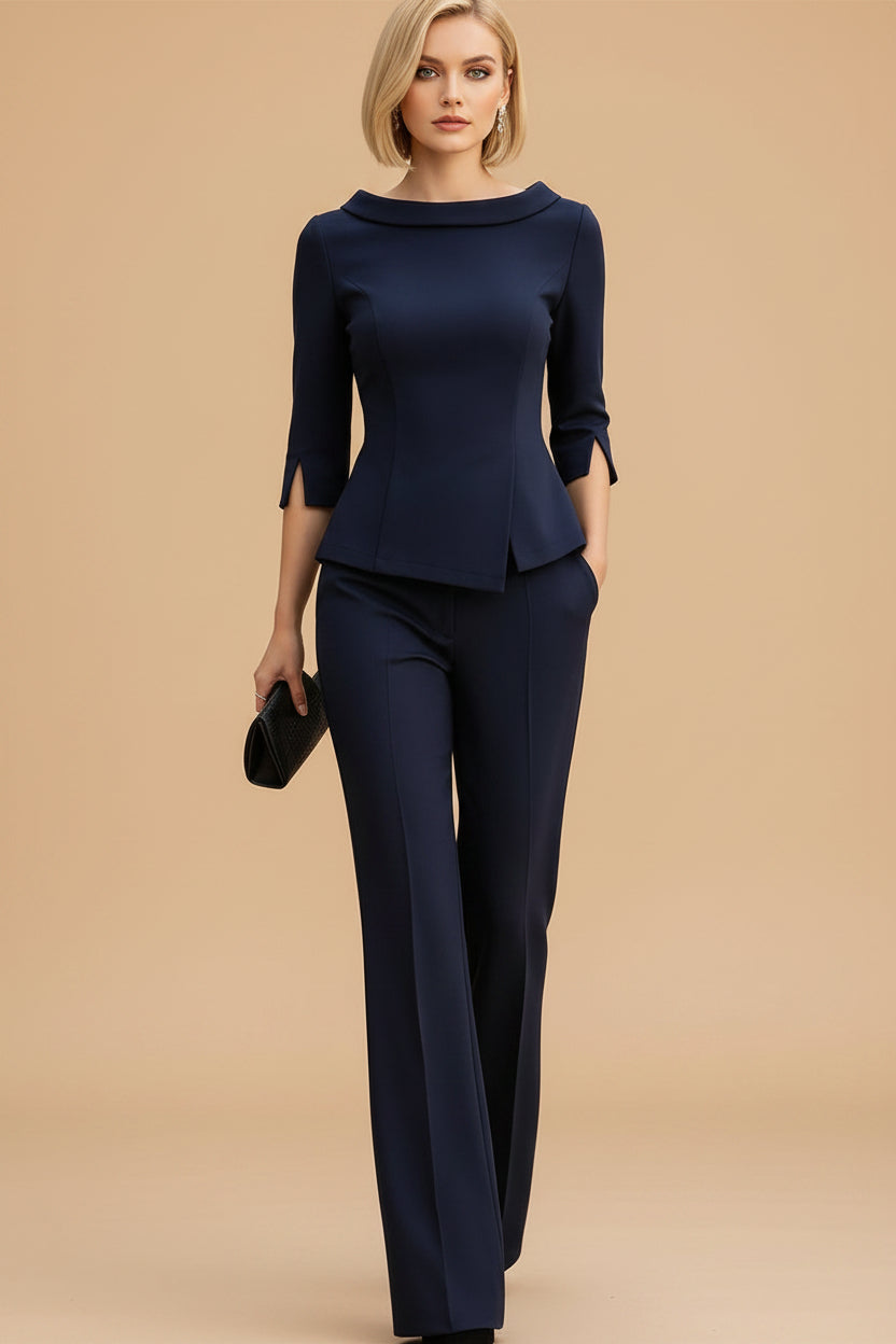 Getailleerd Marineblauw Blazerpak met Peplum Blazer en Wijde Broek