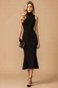 Mouwloze Bodycon Midi Jurk met Hoge Hals