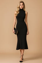 Mouwloze Bodycon Midi Jurk met Hoge Hals