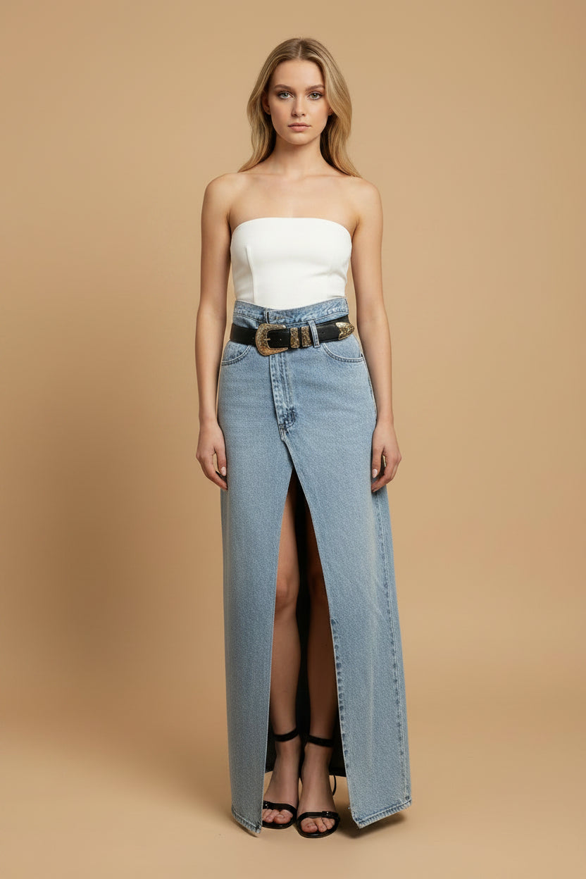 Vivirose | Denim Maxi Rok Dames – Hoge Taille & Split Voorzijde