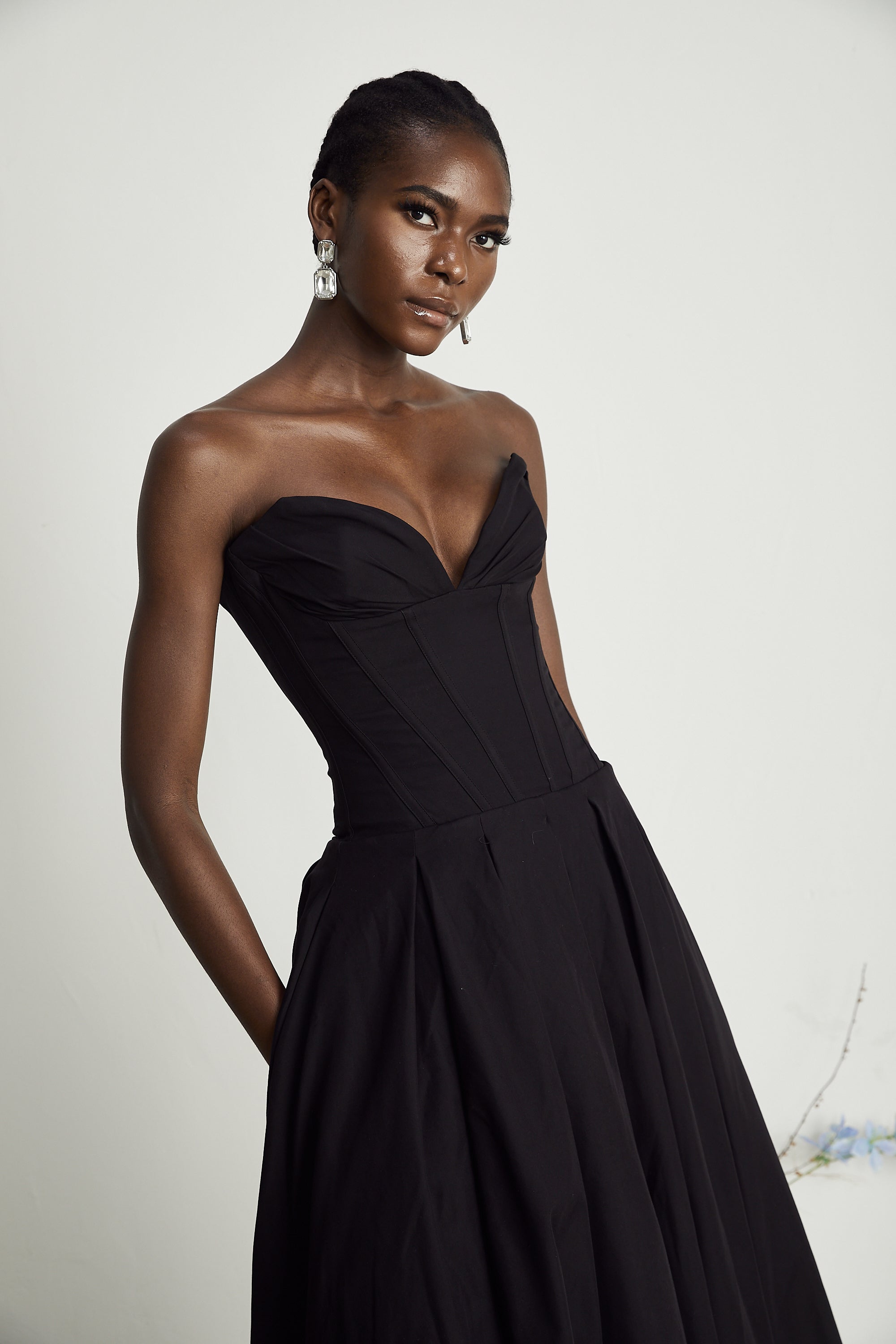Katherine Black Off-Shoulder Corset Midi Dress