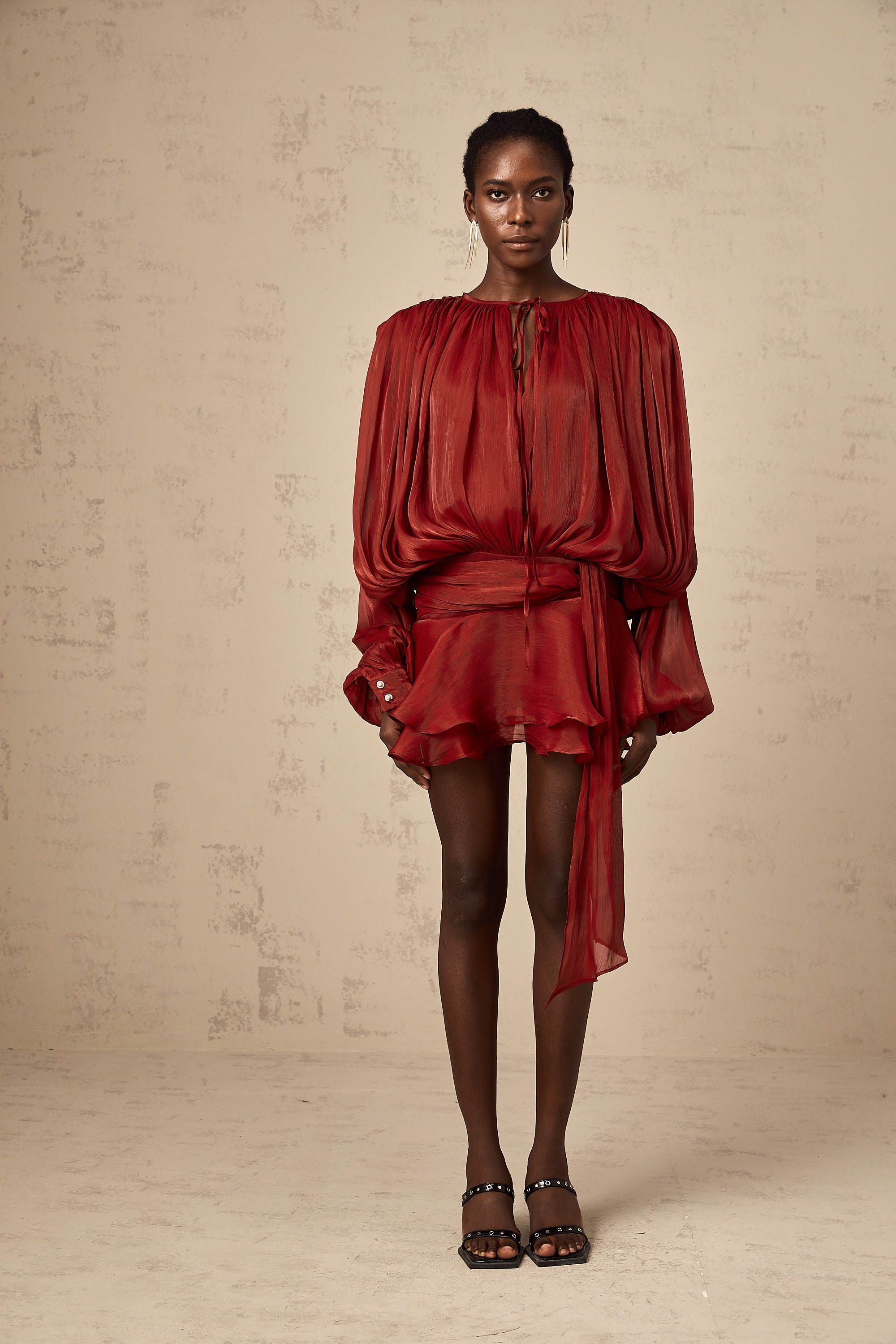 Eugénie Red Fully Pleated Ruffled Mini Dress