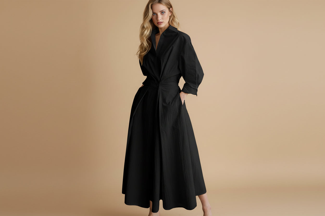 Faye | Dames Elegante Knoop Taille Overhemd Midi Jurk