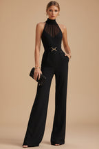 Getailleerde Jumpsuit met Hoge Hals, Transparant Yoke Detail en Wijde Pijpen