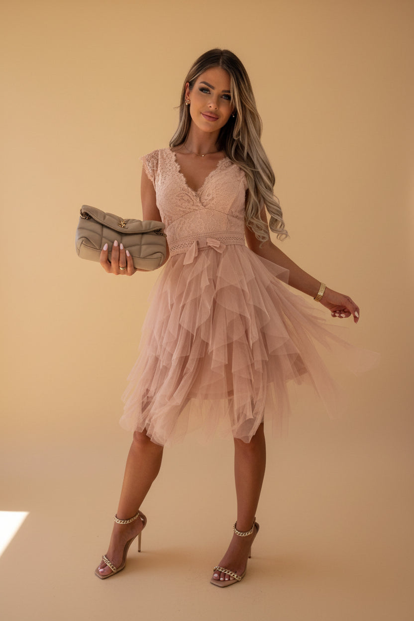 Vivirose| Dress met Gelaagde Tule Rok en Kanten Lijfje